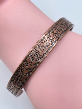 Copper Tone Floral Engraved Cuff Bracelet Adjustable Boho Vintage